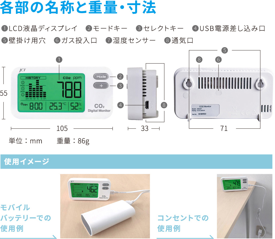 ジェイ・シー・ティ　二酸化炭素濃度測定器　CO2デジタルモニター